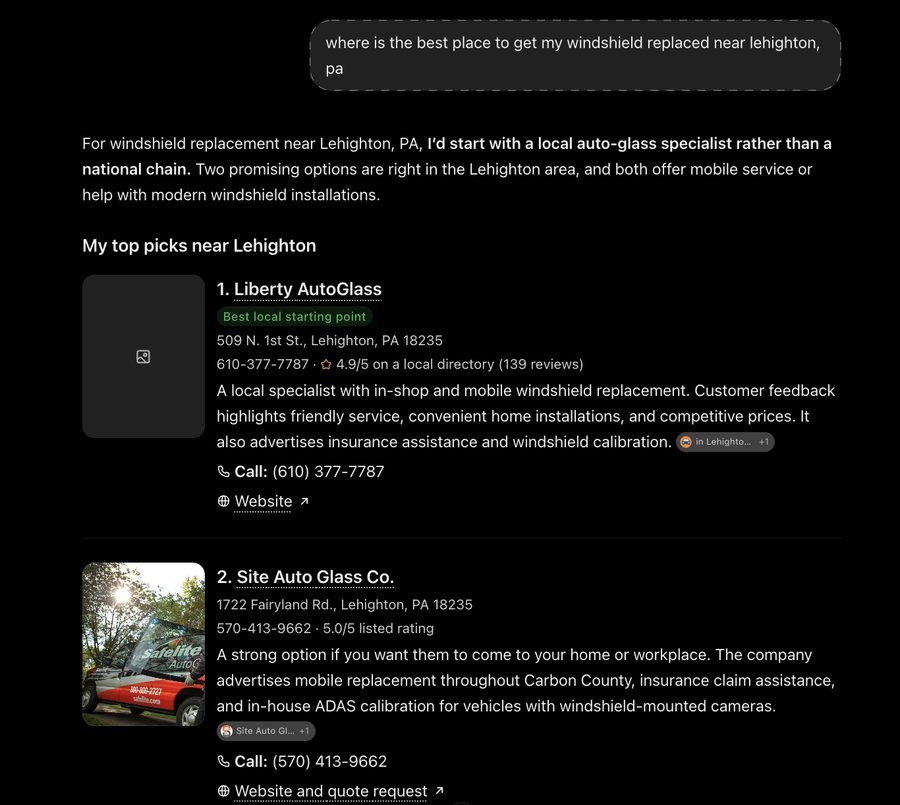 ChatGPT naming Site Auto Glass for windshield replacement near Lehighton, PA