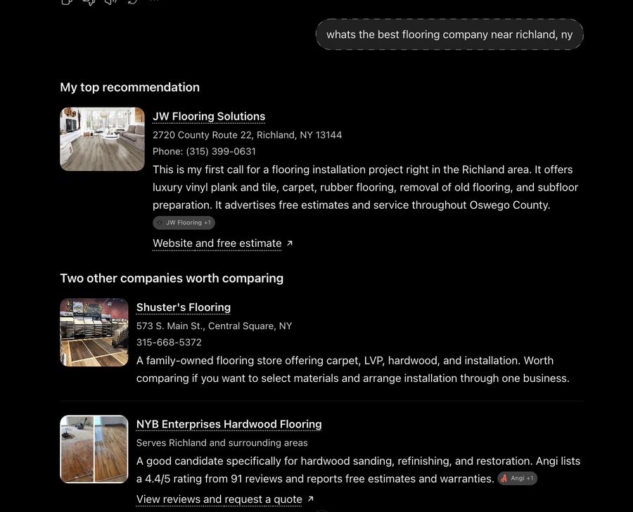 ChatGPT's top recommendation JW Flooring Solutions