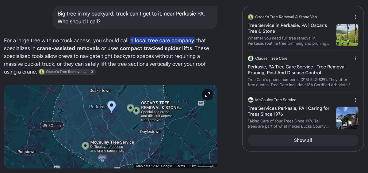 Google AI Mode naming Oscar's Tree Removal first