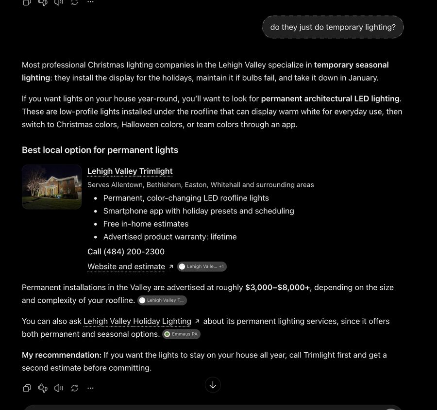 ChatGPT recommending Lehigh Valley Trimlight